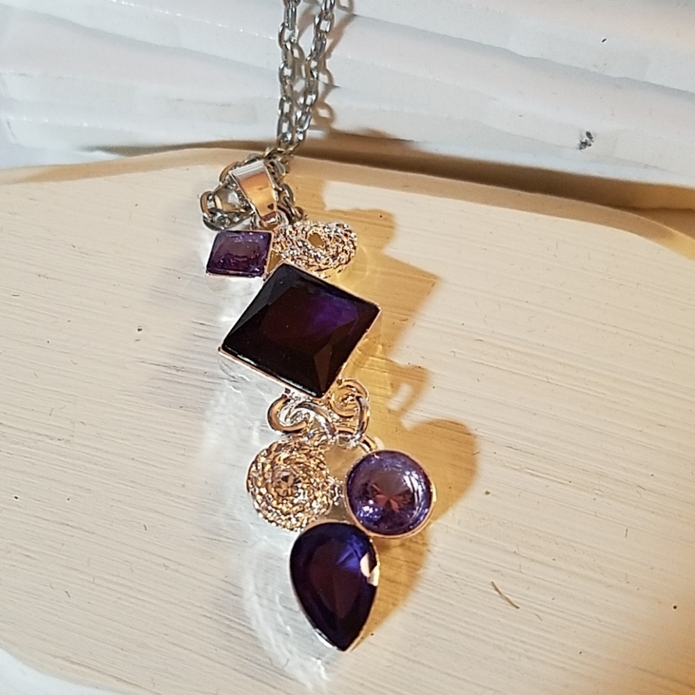 Amethyst Faux Purple Silver Necklace 24"